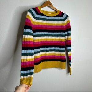 1901 100% Cashmere Rainbow Striped Cable Knit Pullover Sweater